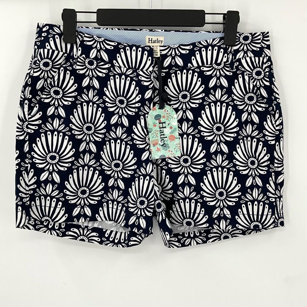 Hatley Porcelaine Floral Chino 5" Shorts Mid Rise Women 10 Navy Blue White NWT